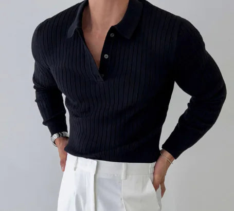 Men's Ribbed Knit Polo Shirt - Casual Button-Up Top